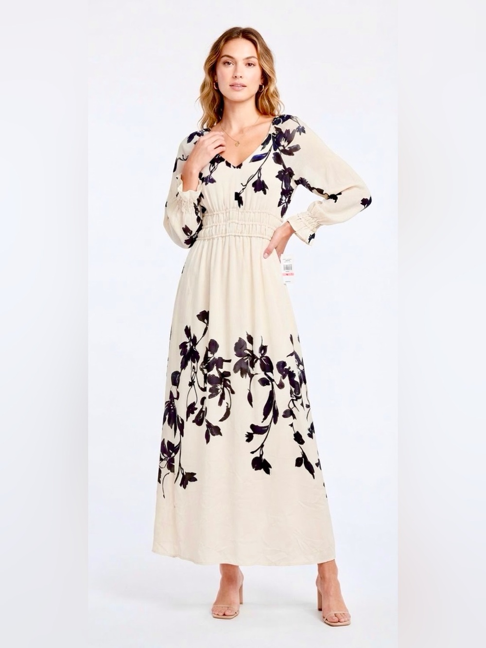 Taylor Cream Maxi Dress with Black Floral Print Sz 10